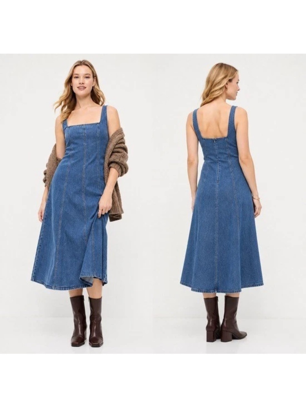 Old Navy Dress Womens Medium Seamed Square Neck Midi Fit & Flare Denim New - Picture 1 of 9